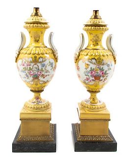 A Pair of English Porcelain Covered Urns, Height 13 inches.