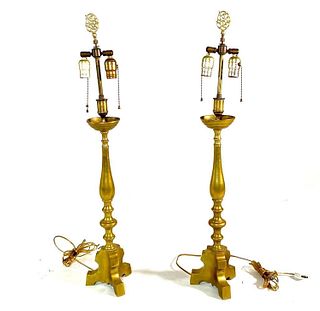 Pair Antique Brass Pricket Sticks as Table Lamps