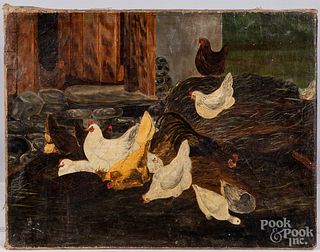 Oil on canvas barn scene with chickens