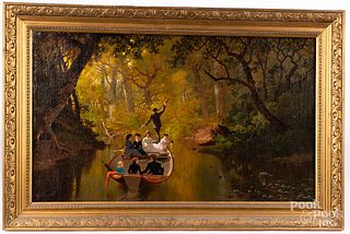 American oil on canvas family poling down a river