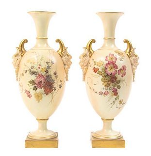 * A Pair of Royal Worcester Porcelain Urns, Height 10 1/4 inches.