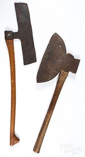 Early wrought iron axe and a large broad axe