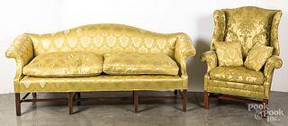 Chippendale style sofa and wing chair