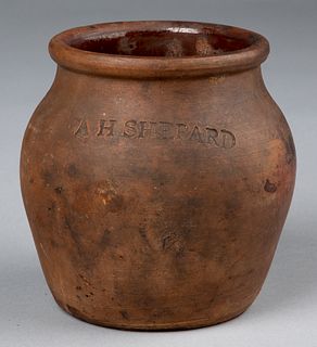 Small redware jar, 19th c., stamped A. H. Shepard