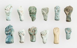 12 Ancient Faience and Stone Hand Amulets