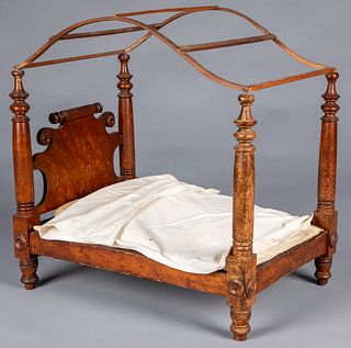 Bird's-eye maple canopy doll bed, 19th c.