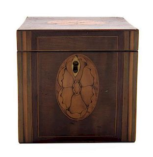 A George III Marquetry Decorated Tea Caddy, Height 4 1/2 x width 4 1/2 x depth 4 inches.