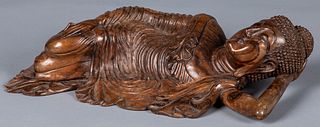 Carved Bali hardwood figure of a recumbent woman