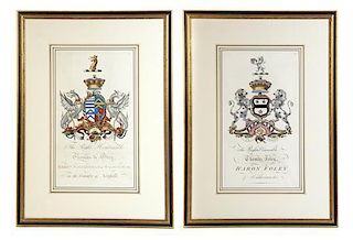 * Two English Handcolored Heraldry Engravings, LATE 18TH CENTURY, Plate height 16 5/8 x width 9 1/4 inches.