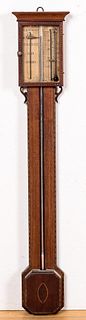 English inlaid mahogany stick barometer, 19th c.