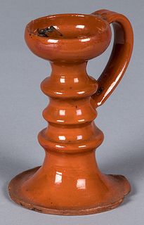 Pennsylvania redware fat lamp, 19th c., 5 1/4" h.