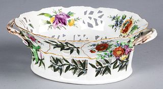 Hand painted porcelain basket, 4" h., 12" w.