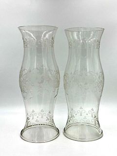 Pair of English Free Blown Engraved Glass Hurricanes