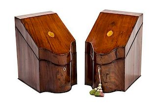 * A Pair of George III Irish Mahogany Knife Boxes, LATE 18TH CENTURY, Height 15 x width 19 1/2 x depth 13 1/4 inches.