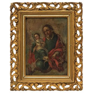 San Joaquín con la Virgen María niña. México, SXVIII. Óleo sobre lámina de cobre. 42 x 34.5 cm