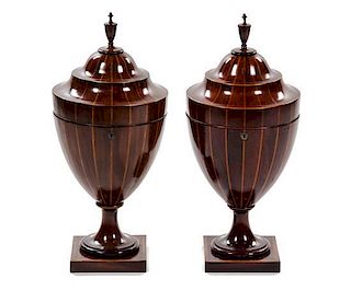 A Pair of George III Fruitwood Strung Mahogany Cutlery Boxes, Height 29 inches.