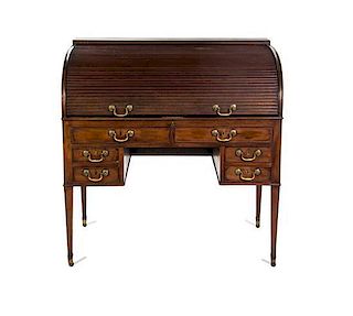 A George III Mahogany Roll Top Desk, Height 43 3/8 x width 42 1/8 x depth 28 inches.