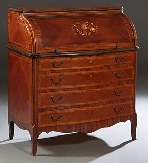French Louis XV Style Marquetry Inlaid Rosewood Cylinder Desk, c. 1900, the rectangular canted corner top over a marquetry inlaid cylinder opening to 
