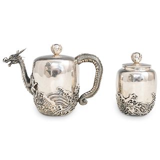 (2 Pc) Japanese Sanju Saku Silver Tea Kettle and Tea Caddy