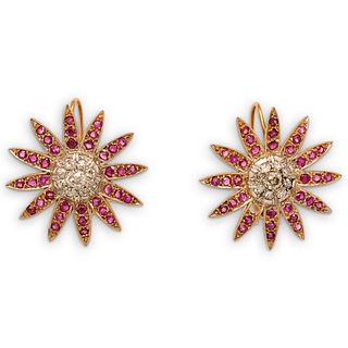 Antique 14k Gold, Diamond and Ruby Starburst Earrings