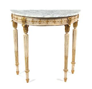 A George III Style Cream and Gilt Painted Console Table, Height 31 1/2 x width 32 3/8 x depth 14 inches.