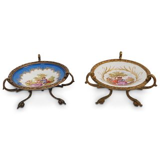 (2 Pc) Sevres Porcelain and Bronze Raised Dishes