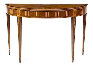 A George III Style Mahogany, Ebony, Satinwood and Rosewood Console Table, Height 33 3/4 x width 51 x depth 20 inches.