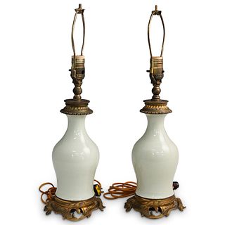 Pair of Bronze Mounted Celadon Lamps