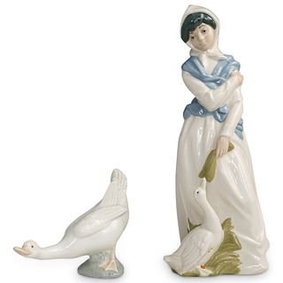 (2 Pc) "Lady & Goose" Porcelain Figurines