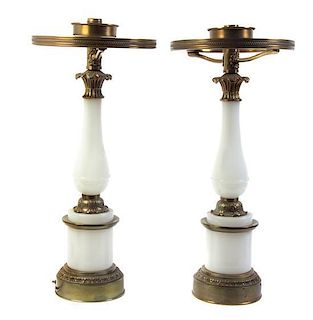 A Pair of Opaline Glass Table Lamps, Height overall 27 1/4 inches.
