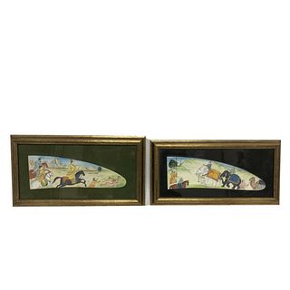 Lot of 2 Indian Miniature Painting. Size of frame 11 x 15 1/2 inches. Fine miniature painting depicting Elephant and horses  scene. mounted in a frame