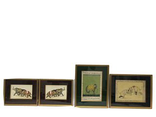 Lot of 4 Indian Miniature Painting. Size of frame 9 1/4 - 11 1/2 inches wide. Fine miniature painting depicting Elephants  scene. mounted in a frame. 