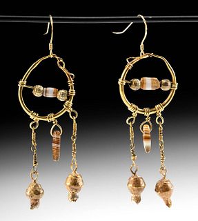 Roman Gold & Agate Earrings w/ Gold Pomegranate Beads
