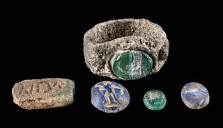 3 Roman Intaglios, Silver & Glass Ring, & Stone Bead
