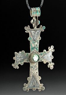 Byzantine Silver Cross Pendant w/ Glass Inlay