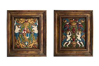 A Pair of Polychrome Decorated Embossed Leather Crests, Height 15 x width 11 inches.
