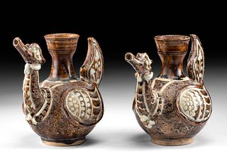 Pair of 15th C. Thai Pottery Phoenix Wine Vessels