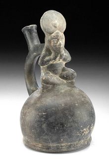 Moche Blackware Stirrup Vessel w/ Figure, ex-Museum