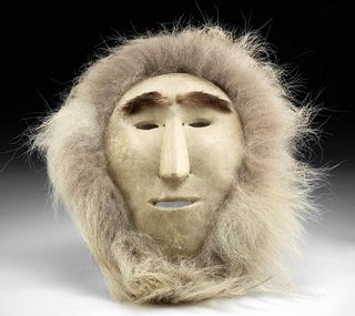 1950s Inuit Caribou Hide, Wood, & Fox Fur Mask