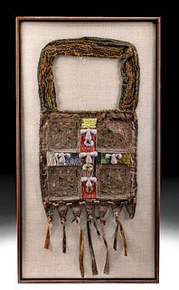 Framed 19th C. African Yoruba Beaded Leather Priest Bag