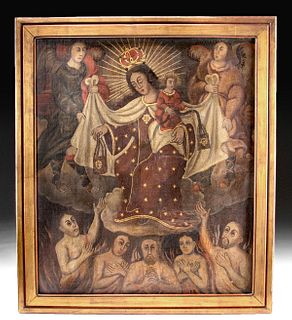 Large 19th C. Mexican Painting, Scapular of Our Lady