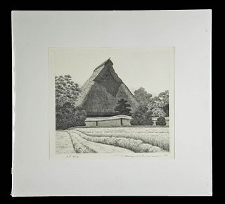 Signed T. Ryohei Etching, Japanese Rural House, 1980