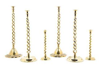 * Three Pairs of English Brass Barley Twist Candlesticks, Height of tallest 21 1/2 inches.
