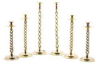 * Three Pairs of English Brass Barley Twist Candlesticks, Height of tallest 20 1/8 inches.