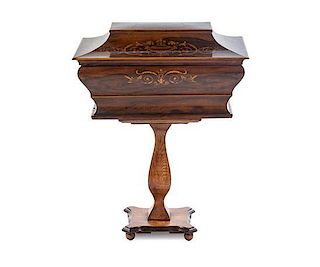 A Regency Inlaid Rosewood Cellaret on Stand, Height 31 x width 25 x depth 17 1/4 inches.