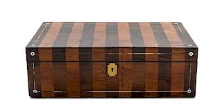 * A Regency Rosewood and Satinwood Mother-of-Pearl Inlaid Lap Desk, Height 5 1/8 x width 16 x depth 9 3/8 inches.