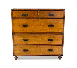 An English Brass Banded Oak Campaign Chest, Height 40 x width 39 x depth 17 1/2 inches.