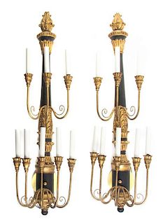 A Pair of Regency Style Painted and Parcel Gilt Eight-Light Sconces, Height 38 inches.