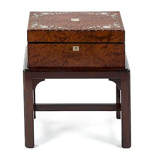 * A George IV Mother-of-Pearl Inlaid Burl Walnut and Rosewood Lap Desk, Height 21 x width 17 1/2 x depth 12 1/2 inches.