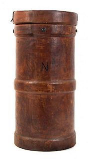 An English Leather Canister, Height 30 x diameter 15 inches.